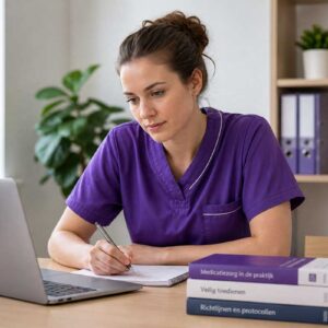 Zorgprofessional volgt e-learning en maakt aantekeningen achter laptop